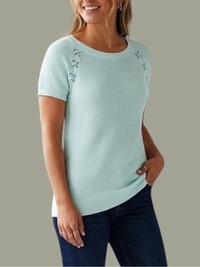 Talbots Soft Cotton Ribbed Knit Lace Up Short Sleeve Tunic Sweater M (8/10) Aqua